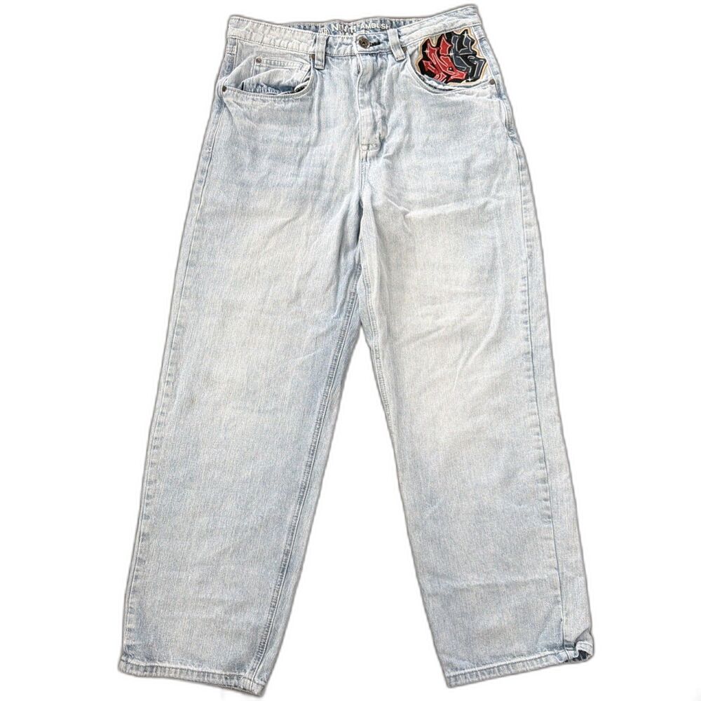 Ninth Hall Ambush Jeans Mens 33x29 Light Blue Baggy Embroidered Skull Panther